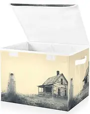 [PDZRMY] Large Storage Bins Halloween Black House with Linen Foldable Storage Cubes Fabric Closet Organizer Containers box with Flip-Top Lid for Home Office Closet 16.5” x 12.6” x 11.8”