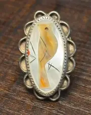 Navajo Sterling Silver Ring with Abalone Gemstone Bird Inlay - Native American
