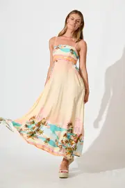 Willa Maxi Sundress Spaghetti Strap in Beige with Multi Summer Print 8