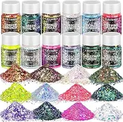 Chunky Glitter, LEOBRO 12 Color Holographic Chameleon Craft Glitter for Resin Art Crafts, Festival Cosmetic Glitter for Body Nail Face Eye, Resin Glitter Flakes Sequin Sparkle for Jewelry Making
