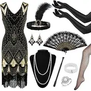Retro Vintage Roaring 20s 1920s Flapper Dress Outfits Accesories Set Head Jewelry Pearl Necklace The Great Gatsby Flapper Girl Wedding Guest Sequins Tassel Fri