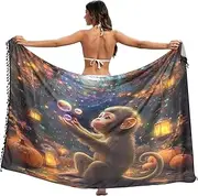[RPLIFE] Monkey with Bubbles Orange Bottom Sarong, Summer Long Sarong Wrap Skirt, Large, Monkey With Bubbles Orange, Large