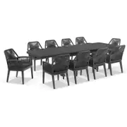 Austin Outdoor 2.2m - 3m Extension Aluminium Table with 10 Hugo Rope Dining Chairs Charcoal - Carbon Grey Rope - Denim Grey