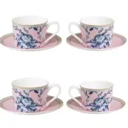 Fine Bone China Blue Rose Toile Pink Coffee Cups and Saucers, Set of 4