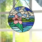 Tropical Violet Hibiscus Stained Glass Round Window Panel Suncatcher 10in