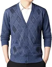 [Generic] Men's Retro Knitted Cardigan Sweater with Solid Color Plaid Splicing and Casual Button Cardigan Jacket