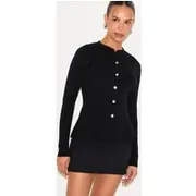 Petite Black Compact Knit Peplum Cardigan, Black