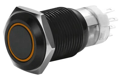 3/4" Black Momentary Stainless Steel Switch w/ Amber Halo Push Button 19mm 12V