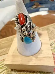 Navajo Sterling Silver Turquoise & Coral Adjustable Size Ring Signed MAX C.