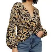 NWT Topshop Size 4 Twist Front Leopard Print Balloon Long Sleeve Top Blouse U25