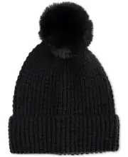 Style & Co Faux-Fur Pom Pom Waffle-Knit Beanie Hat Women's One Size Black
