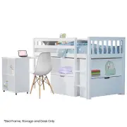 KINGSTON SLUMBER Wooden Kids Single Loft Bed Frame with Pull Out Desk, Storage Drawers - White