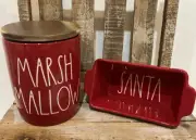 Rae Dunn Red Marshmallow Cellar W/Wooden Lid & Santa Mini Baking Dish Christmas