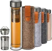 Cosumy Tea Bottle with Strainer to Go 500 ml - Double-Walled Glass with Felt Bag - Heat Resistant - Leak-Proof - Dishwasher Safe - (Sand Brown)