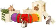 Extra Large Wooden Rabbit Hideout with Tunnels and Hay Feeder - Multistory Bunny Castle with Stairs, Climbing Tower and Sturdy Habitat for Indoor Bunnies, Guinea Pigs, Chinchillas Small Animal