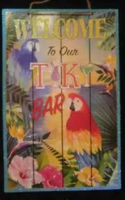 Beautiful Glitter Shimmering Island Welcome Time Tiki Bar Wall Decor 14" X 9"