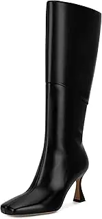 [DOEYG] Black Leather Knee High Tall Boots for Women Sexy Square Toe Stiletto Heeled Boots Dressy with Side Zipper