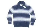 SUN STONE STRIPED NAVY BLUE LARGE HEAVY KNIT SHAWL NECK SWEATER MENS NEW