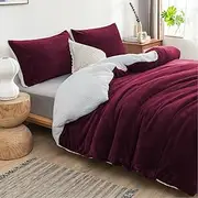 Luxor 2 in 1 Teddy Fleece Sherpa Quilt Doona Duvet Cover Set and Blanket in 6 Colors (Burgundy, King Single)