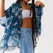 urban outfitters blue floral boho tassel fringe trim kimono