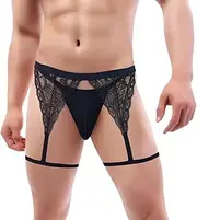 [TAPUU] Mens String Lace Jockstrap Thong Underwear, Black 1-pack, Small