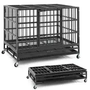 Costway 96CM Foldable Metal Dog Cage Chew-proof Dog Crate Portable Dog Kennel Crate w/Lockable Wheels