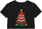 [Generic] Christmas in July Tropical Xmas Watermelon Christmas Tree Crop Tops T-Shirt for Women Crew Neck Short Sleeve Cropped Tee Shirt