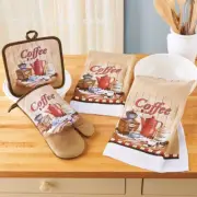 4-Pc Set Coffee Lovers Theme Kitchen Dish Towels Potholder & Oven Mitt