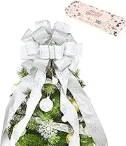 Christmas Tree Topper Bow With Streamers, 48x13 Inches Large Silver Polyester Decorative Topper for Xmas Home Decor and Christmas Decoration