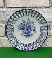 Vintage Cobalt Blue & White 7" Bowl Lattice Reticulated Floral Decal Candy Dish