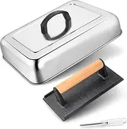 Joyfair Basting Cover with Grill Press, 13 Inch Rectangular Cheese Melting Dome and Cast Iron Burger Press for Outdoor & Indoor, Griddle Accessories for Flat Top/Teppanyaki, Dishwasher Safe