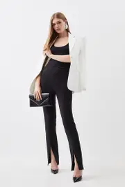 Petite Compact Stretch Tailored High Rise Split Hem Pants