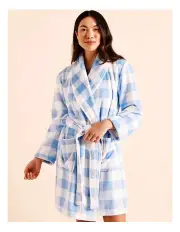 [Soho] Fleece Short Robe in Blue Gingham Check Print