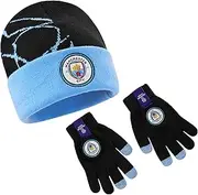 [MANCHESTER CITY] F.C. Boys' Winter Hat and Gloves Set for Children and Teens, Black / Blue, One Size