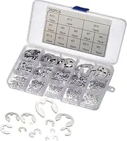 YQkangzhu 290Pcs 304 Stainless Steel E-Clip Assortment Kit, External Retaining Ring Assortment Set, Snap Ring Clip, 13 Sizes 1.2-15mm E Circlip Retainer Rings for Bearings, Gears, Pulleys and Axles