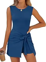 [Caracilia] Women Tennis Dress Built in Shorts Summer Sleeveless Bodycon Tie Cinched Waist Mini Athletic Romper Skort Dresses, Dark Blue, XL