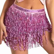 [Florry] Sequins Skirt Sparkly Tassel Skirts Belly Dance Hip Skirts Fringe Rave Party Hip Scarf for Women