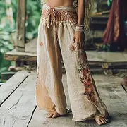 Women's Pants Trousers Palazzo Pants Fashion Boho Full Length High Waist Floral Elastic Waist Comfy Comfortable Micro-elastic Street Daily Wear Going out Khaki