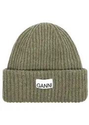 Ganni Ribbed Wool-blend Beanie - Olive One Size