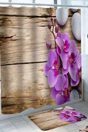 Purple Orchid and Pebbles on Worn Deck Shower Curtain