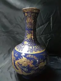 在飛比找Yahoo!奇摩拍賣優惠-《茁壯啟業 》描金寶藍龍瓶 23.7x23.7x39.3 （