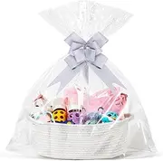 CyperEver Small Woven Basket with Gift Bag and Ribbons, Basket Empty Baby Shower Gifts with Cellophane Bags Gift Wrap, Ideal Gift Box Easter (White)