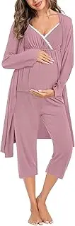 [SWOMOG] Maternity Nursing Robe Set 3 Piece Breastfeeding Pajamas 3 in 1 Labor Delivery Sleevless Tops&Long Pants Pregnancy Pjs