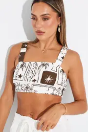 Brown Abstract Crop Top Square Neck Linen - Size 10, Women's Crop Top