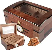 [Whauoy] Cigar Case(100 Cigars), Desktop Cigar Humidor, Large Glass-Top Cigar Humidor Humidifier Box, Travel Humidors, with Cedar Lining,A