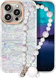 Compatible with iPhone 15 Pro Case for Women Girls, Slim Fit Glitter Cute Phone Case for iPhone 15 Pro with Pearl Phone Charm Lanyard Wrist Strap, Shockproof Hard Protective Case 6.1 Inch Shiny White