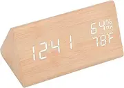 Triangular Digital Wooden Clock with Time, Date, Temperature, Humidity Display, Sound Control, LED Light, Minimalist Design for Bedroom, Office, Travel