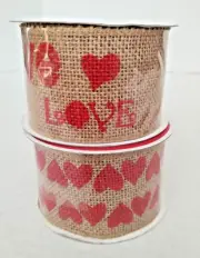 New Love Hearts Valentines Day Crafts Wired Burlap Ribbon 2 Rolls 15 Feet Each