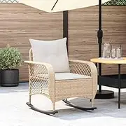 Garden Rocking Chair with Cushions, Wicker Beige Poly Rattan, Lounge on Patio, Deck Chairs, Outdoor Furniture