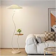 Indoor Floor Lamps Real Marble Based LED Floor Lamp, Floor Lamp with Wood Table, Bedside Reading Lamp, Modern End Table with Floor Lamp for Bedroom Standing Lamp(White)
